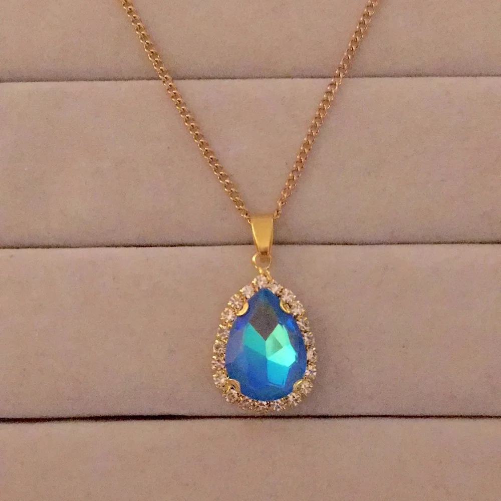 Sapphire Aurora Borealis + Gold Crystal Halo Drop Pendant Necklace - Picture 1 of 7
